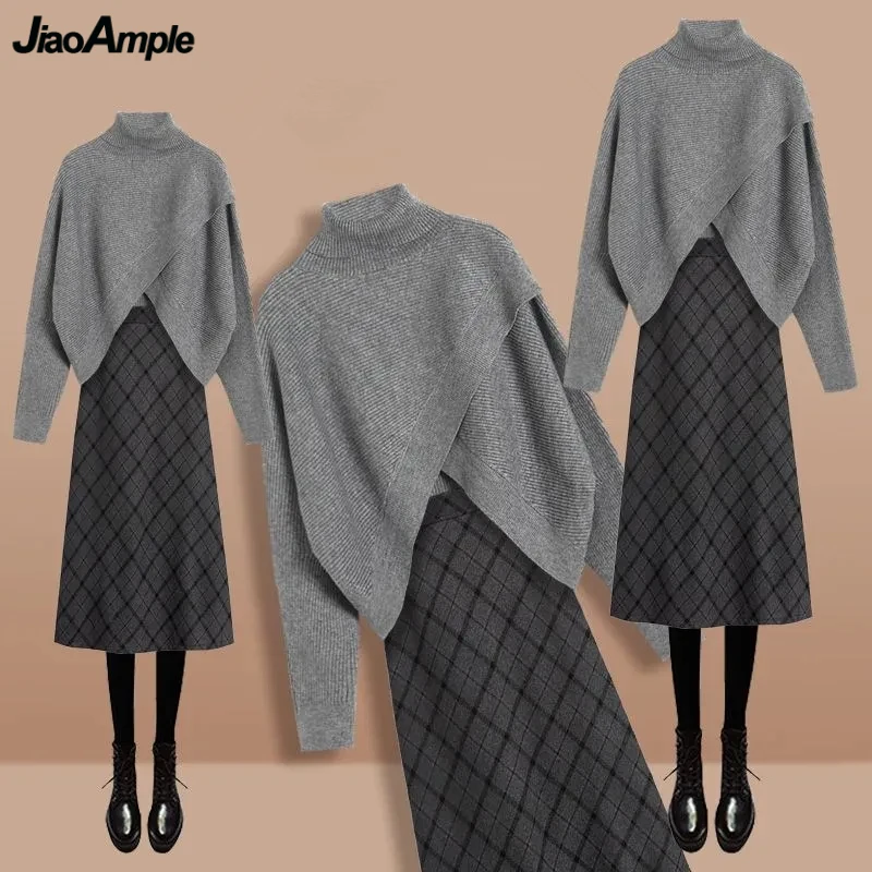 

Autumn Winter Women Cross Gray Sweater Plaid Skirts 1 or Two Piece Set Lady Turtleneck Knit Pullover A-Line Skirt Outfits 2023