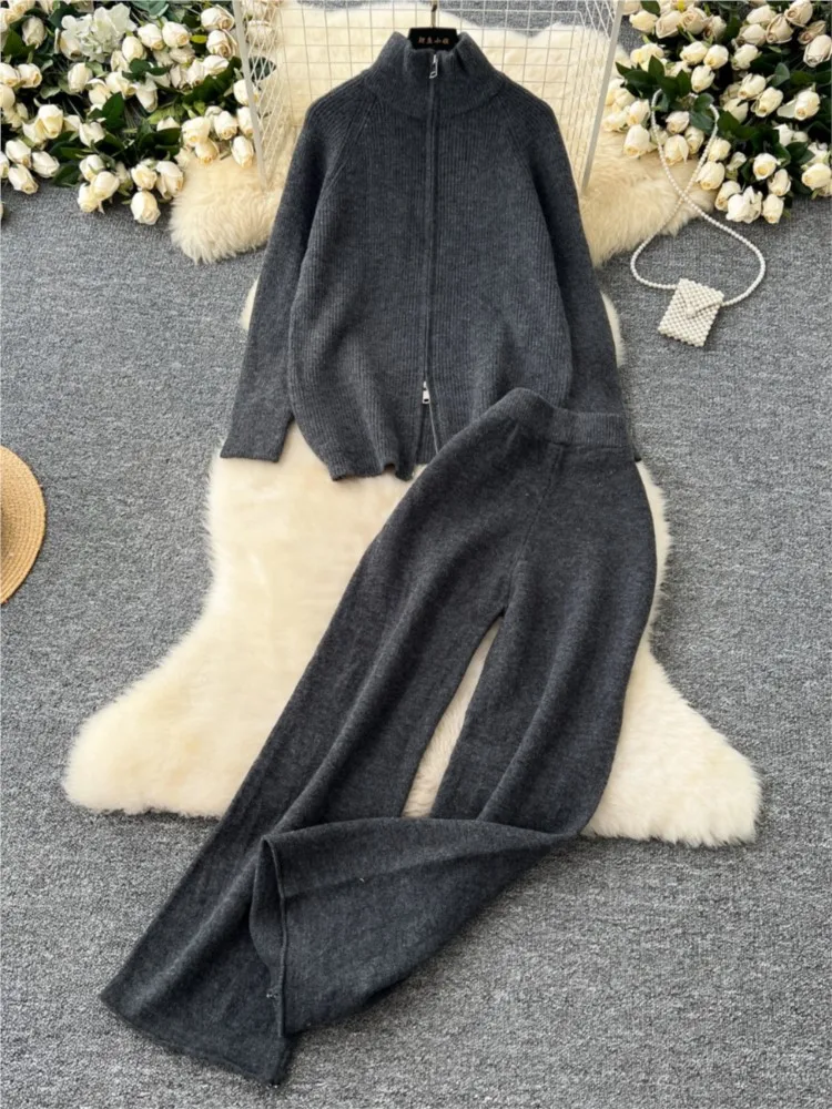 Autumn Solid Knitting Two Pieces Suits Loose Warm Zipper Stand Collar Sweater + Wide Leg Pants Streetwear Casual Knitted Sets