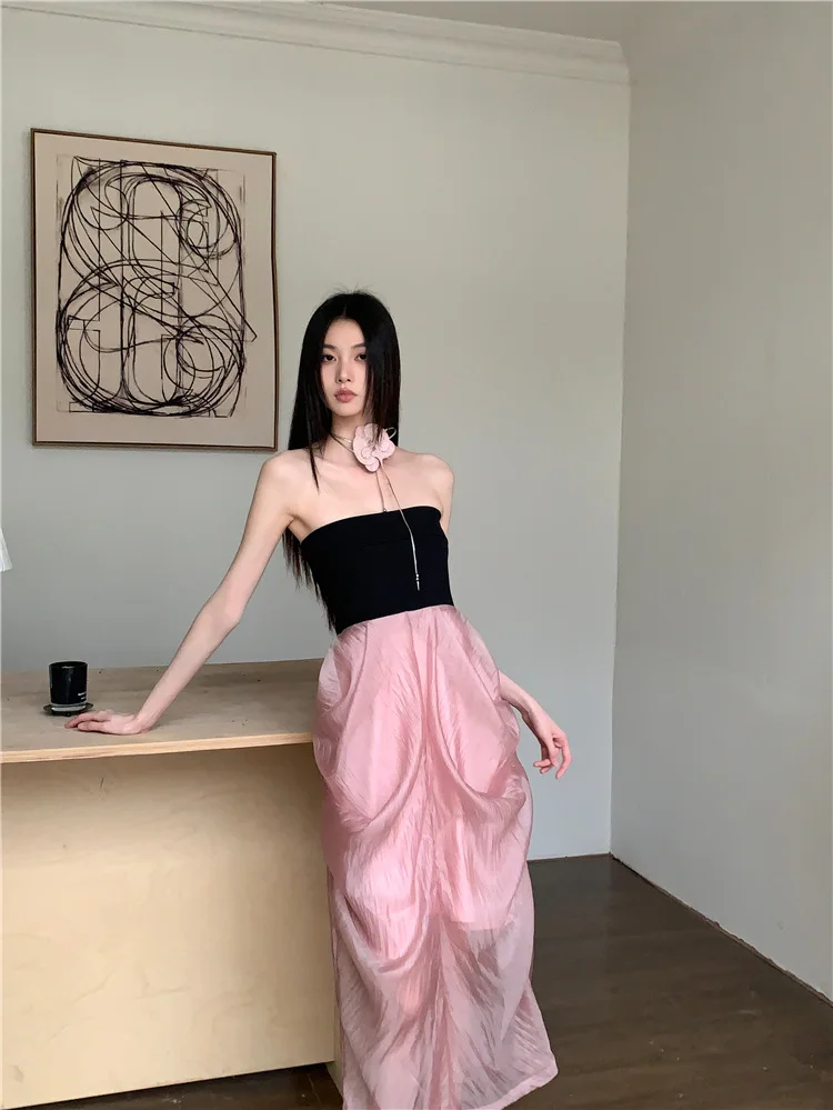 Elegant Splicing Patchwork Long Dresses Spring Women Sleeveless Chest Hugging Dress New Summer High Waist Slim Knee Length Dress