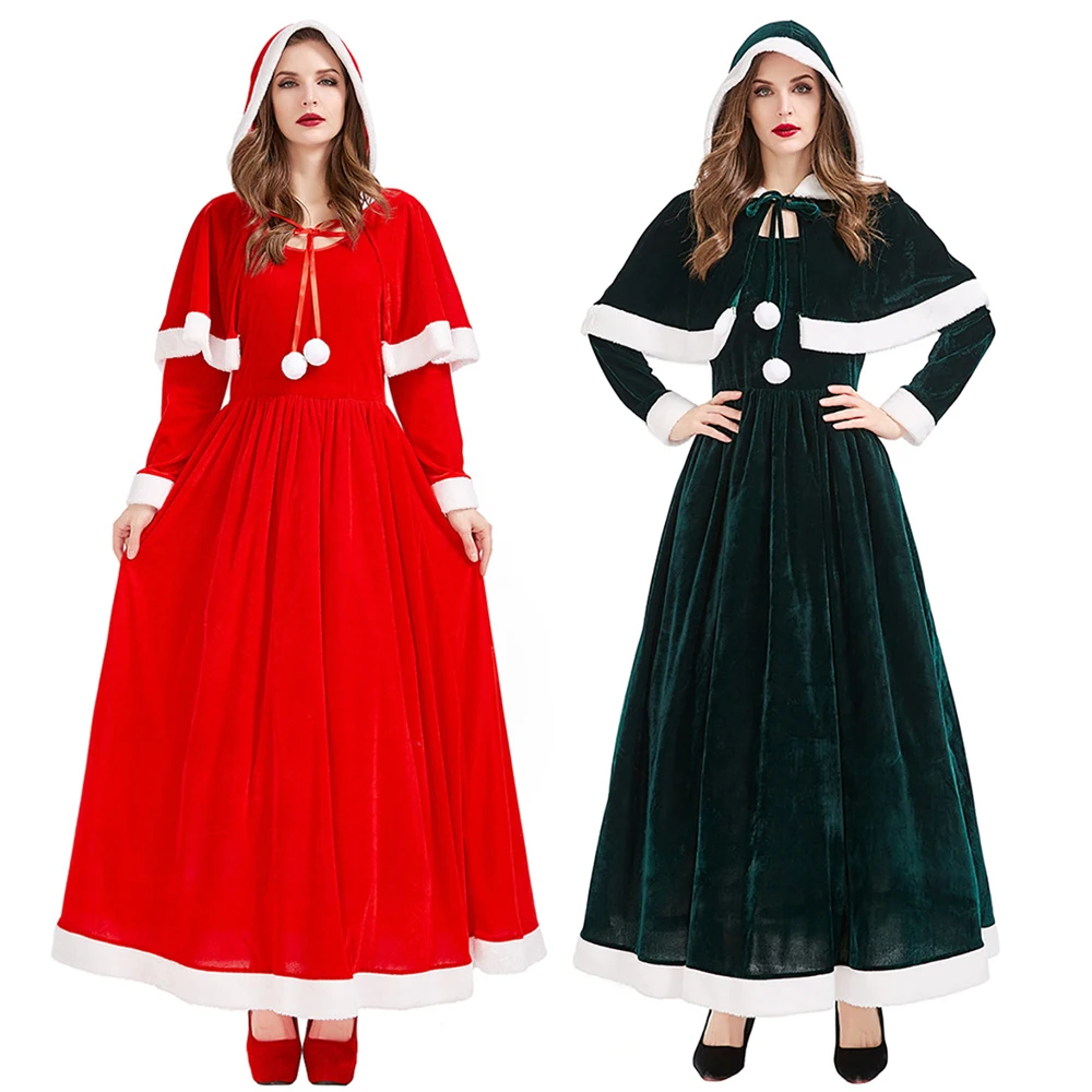 Disfraces de Cosplay de Santa Claus para mujer, Vestido de manga larga con capa con capucha para Navidad, color rojo y verde, Año Nuevo