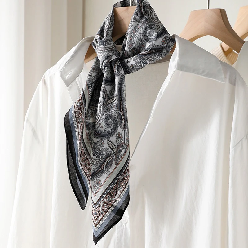 100% Mulberry Silk Scarf 65cm Vintage Paisley Print Real Silk Crepe Square Scarf Boho Earth Tone Neck Scarf Bandana