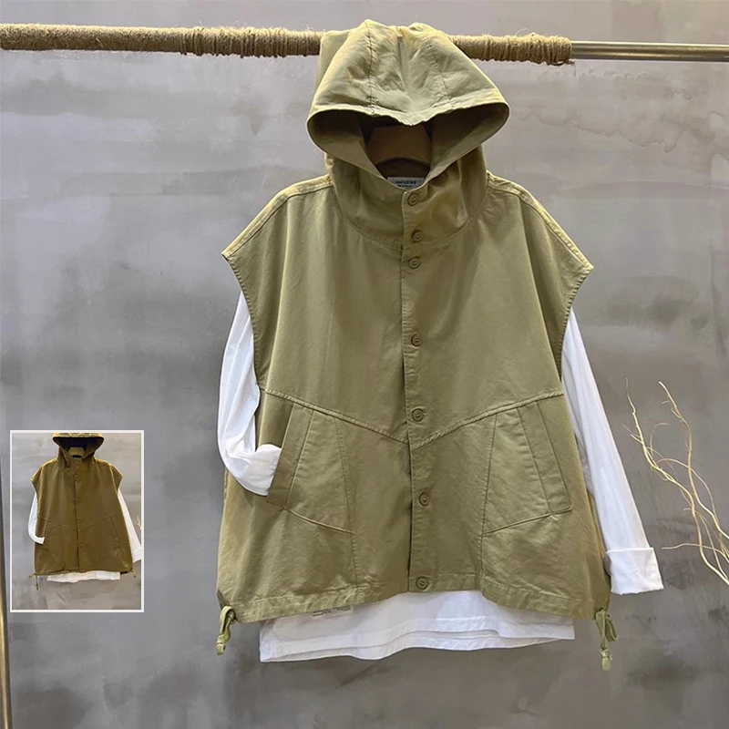 

Early Autumn Casual Japanese Sle Hooded Vest Coat plus Size Women's Clothing Versatile Svel Dstring Bot Hem