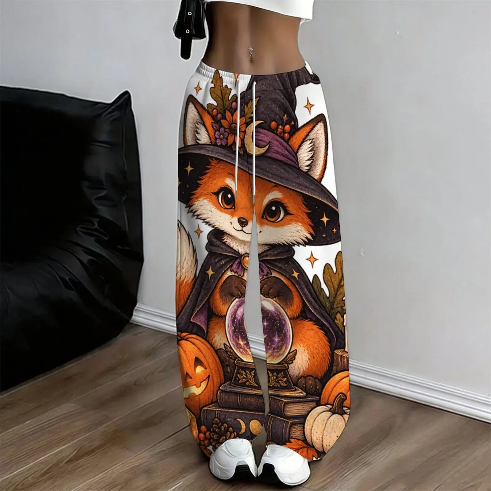 Women Loose Straight Leg Full Length Pants Printed Cartoon Witch Fox Pumpkin Pattern