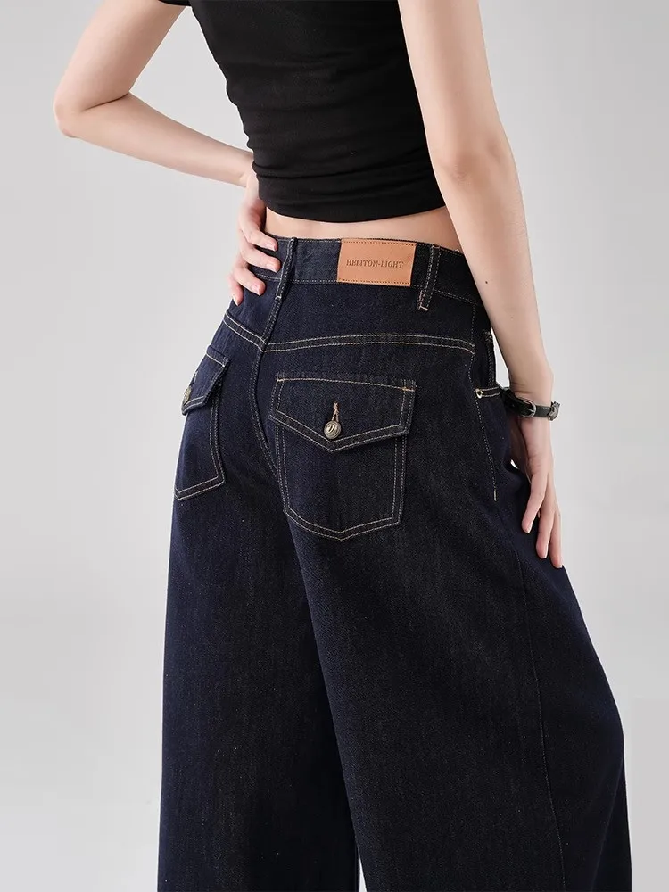 

Deep Blue Women's Denim Pants Spring Autumn Loose Straight Leg Wide Leg High Waist Slimming Drapey Original Color Casual Jeans