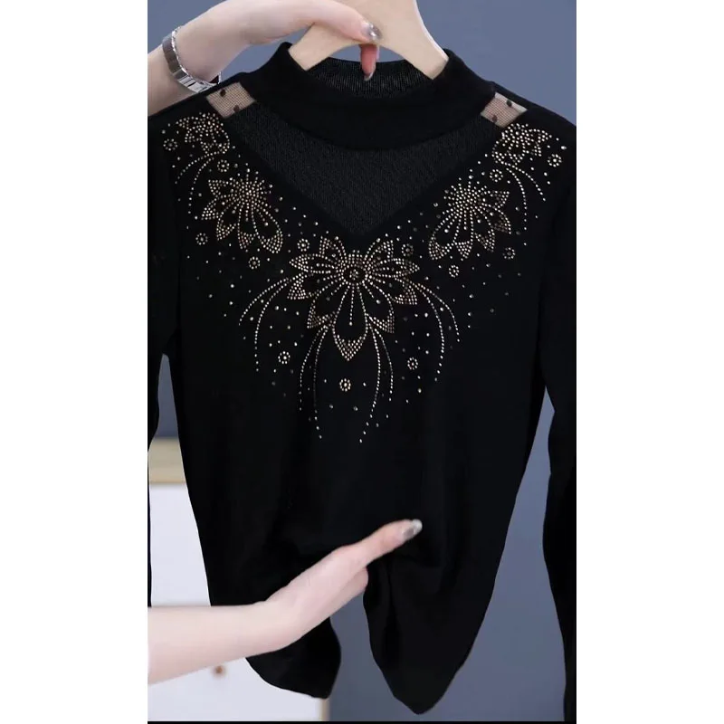 Oversize Versatile Fashion Women\'s Clothing Autumn and Winter New Lace Half High Neck Long Sleeve Simplicity Commuter Pullover