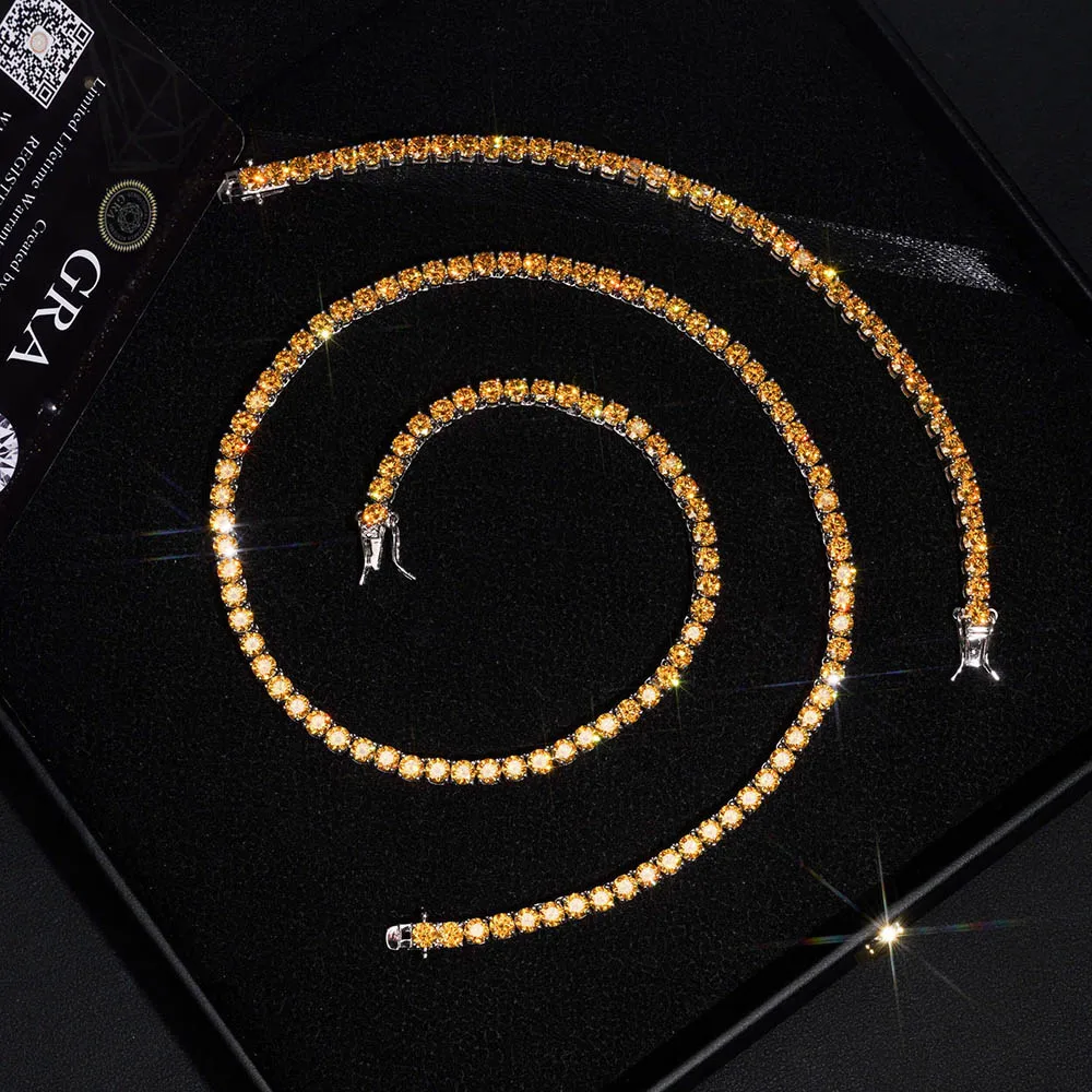 

3-4mm Gold Yellow Color Moissanite Tennis Bracelet 925 Sterling Silver Hiphop Rock Women Men Jewelry Pass Diamond Tester & Gra