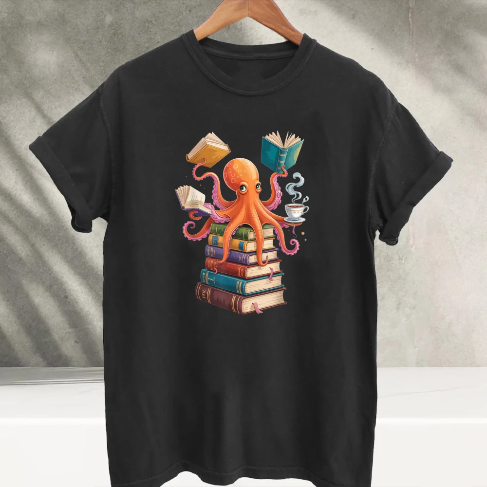 Clever Book Lover Octopus Reading Books Drinking Tea Graphic T‑Shirt Cute Ocean Animal Book Stack Nerd Librarian Art Cotton Tees