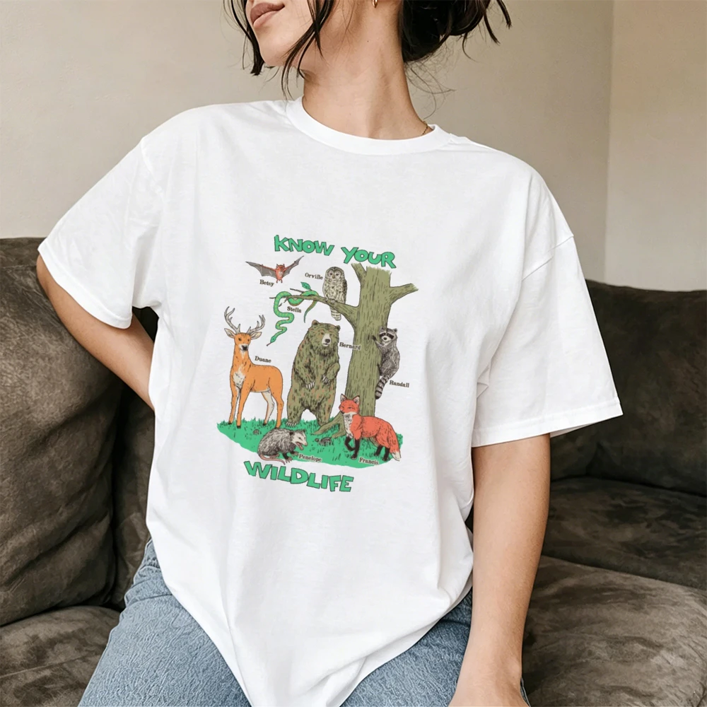 Know Your Wildlife Animals Women White Graphic Tee Shirt Educational Nature Illustration Print Summer Short Sleeve Top