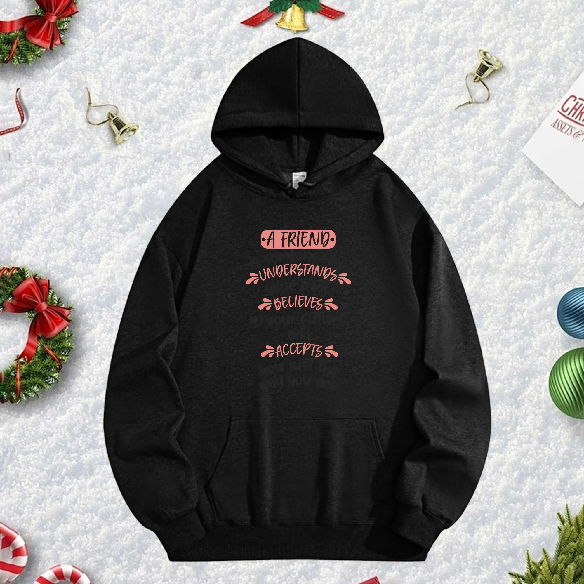 

Черная толстовка A Friend 270G для мужчин и женщин, уютный флисовый пуловер большого размера на осень/зиму, рождественский сезон