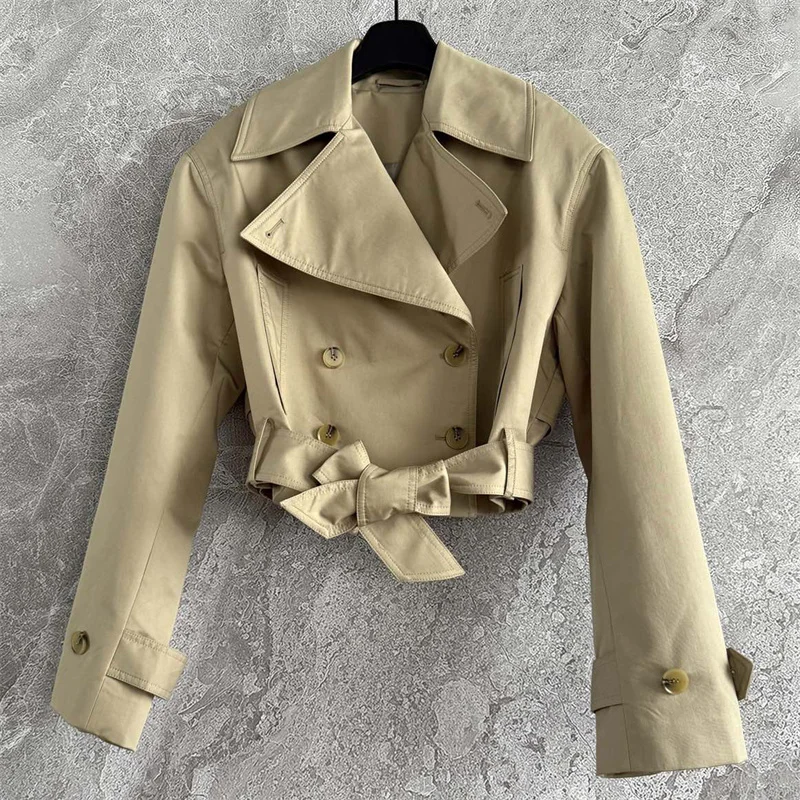 

Women's jacket New autumn 2025 waist belt slim fit lapel long sleeved top double breasted pure cotton Women coat y2k Women top