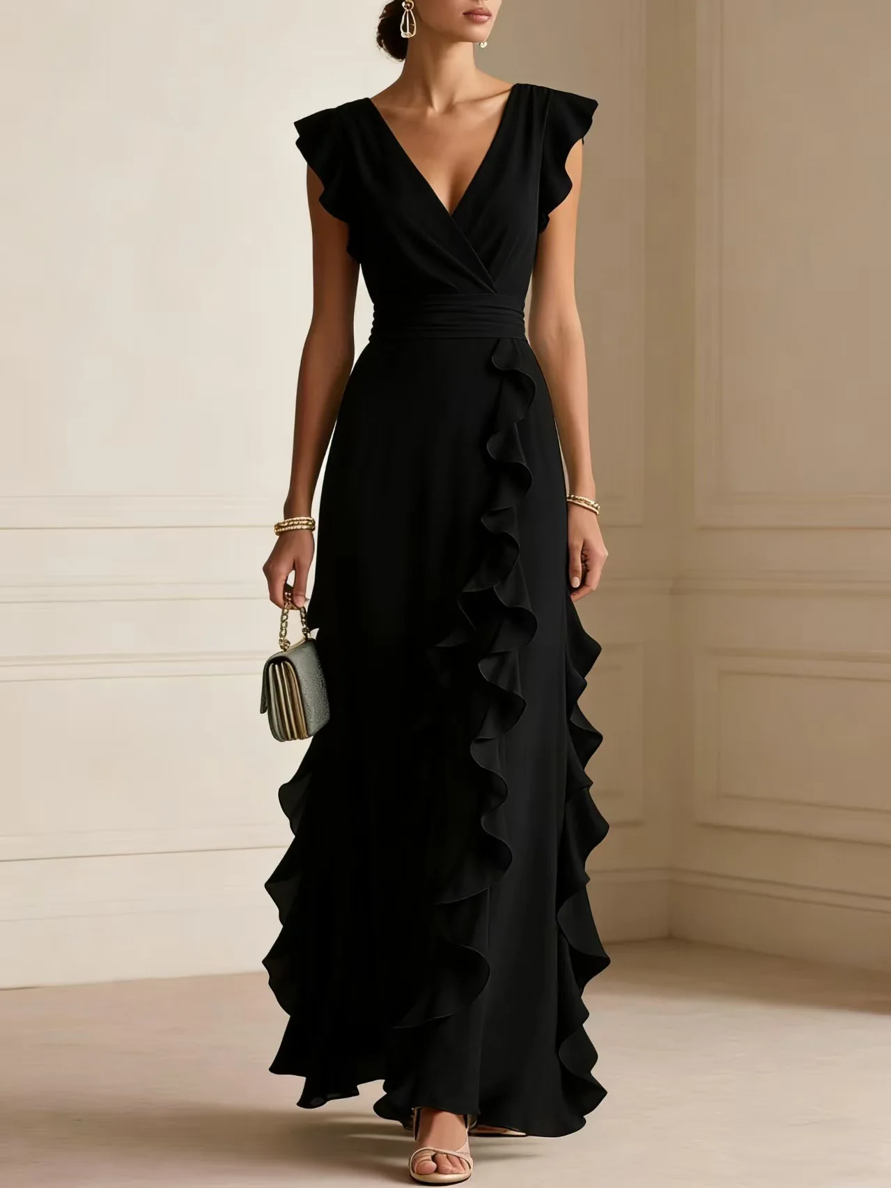 Vestido Largo de Gasa con Cuello en V y Volantes para Mujer, Sin Mangas, para Invitadas de Boda, Fiestas Nocturnas, Vestido Formal