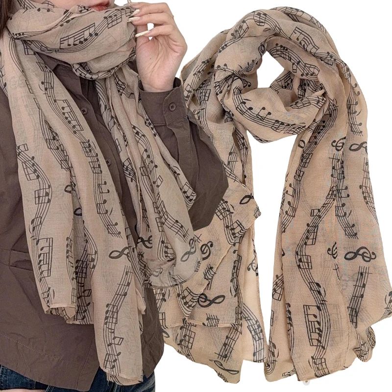 180cm Musical Note Print Tulle Scarf Cotton Voile Smooth Musical Note Floral Shawl Casual Musical Note Floral Wrap Women Decor