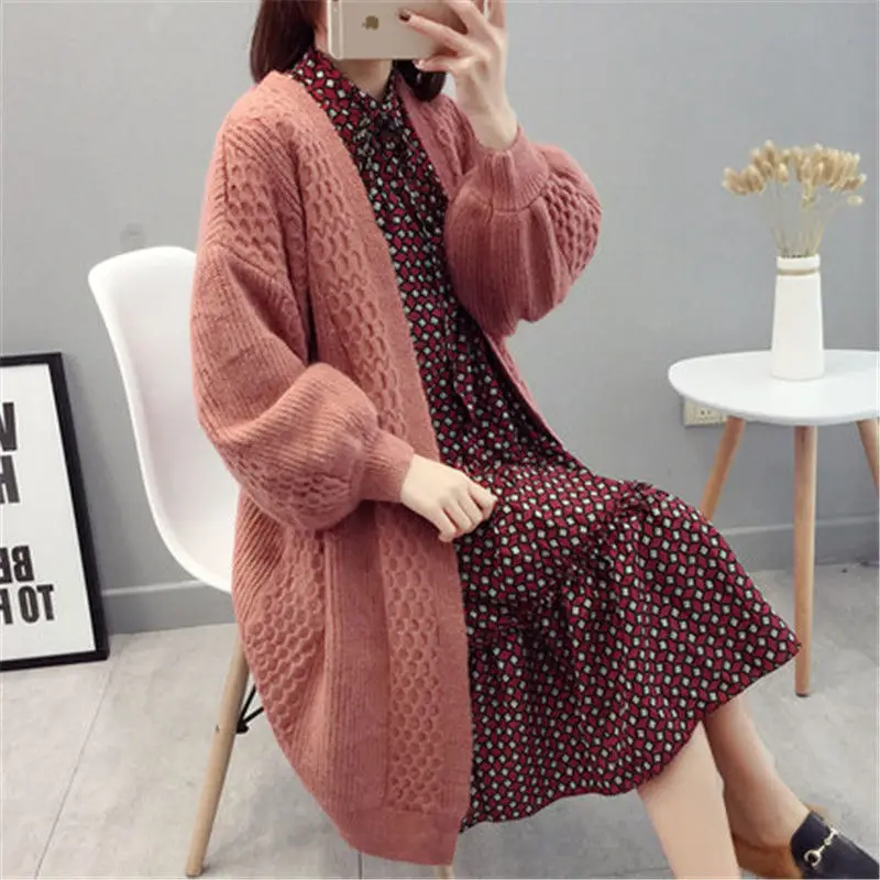 Women\'s Vintage Solid Color Sweater Cardigan 2023 Autumn and Winter Korean Loose Long Sleeve Office Lady V-Neck Knitted Coat