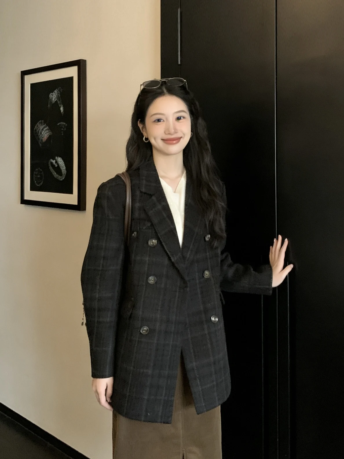 

Korean Sle Plaid Suit Woolen Long Sve Women's Coat Spring Hepburn Sle High Quali Woolen Outerwear Trendy Faion