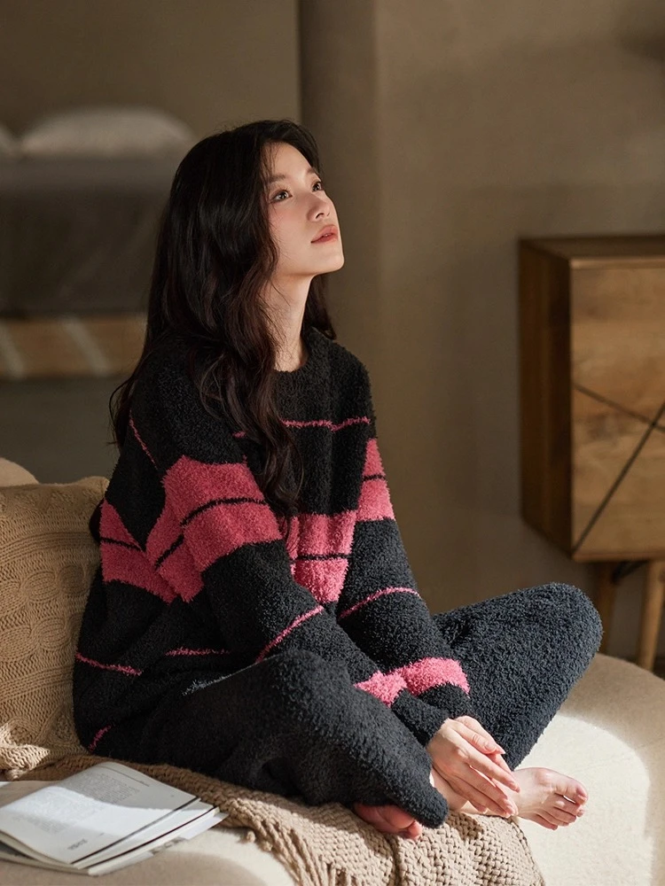 

Новая осенне-зимняя женская домашняя одежда, модный и простой толстый теплый комплект одежды для сна с круглым вырезом