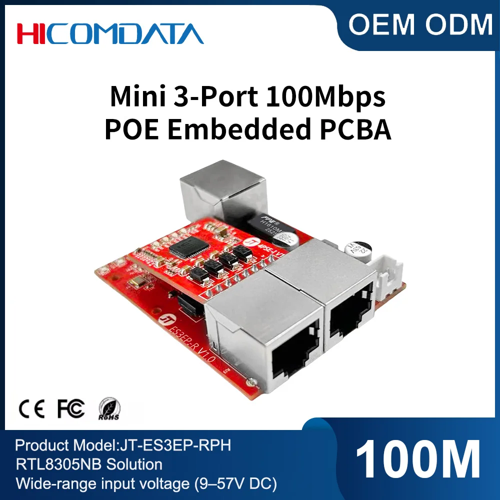 

Mini 100Mbps 3/5-Port POE Embedded PCBA Switch, supporting DC 9-57V wide input voltage, suitable for industrial automation.