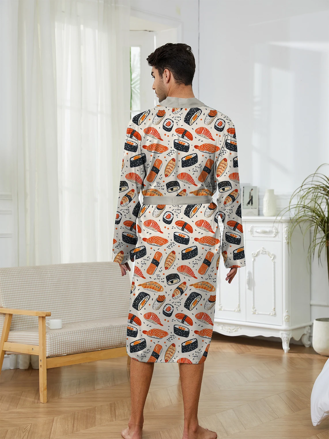 Men's Long Robe with Fun Digital Printing, Trendy Men's Bathrobe Home for Spring and Autumn, Casual Quick Drying.