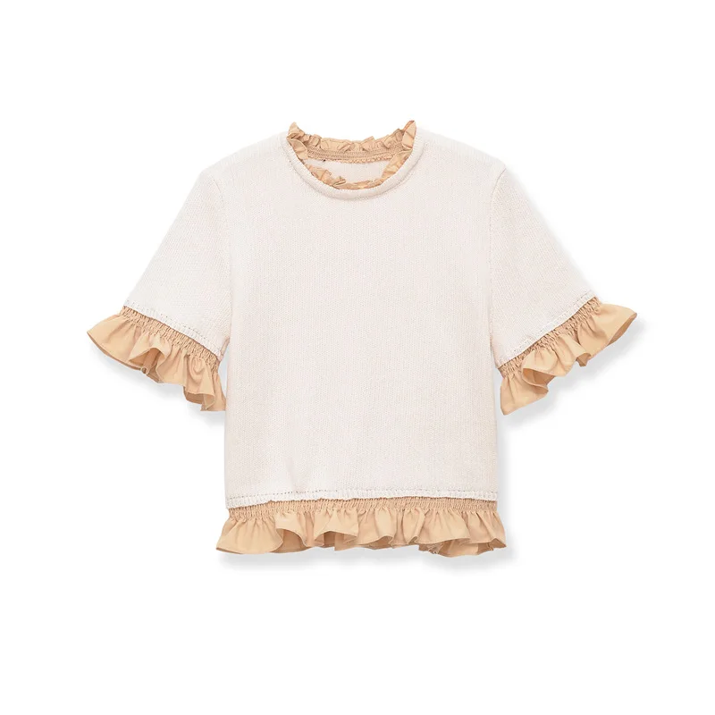 

Withered European And American Style Round Neck Short Sleeved Lace Patchwork Knitted Sweater Top T-shirt Woman Clothes