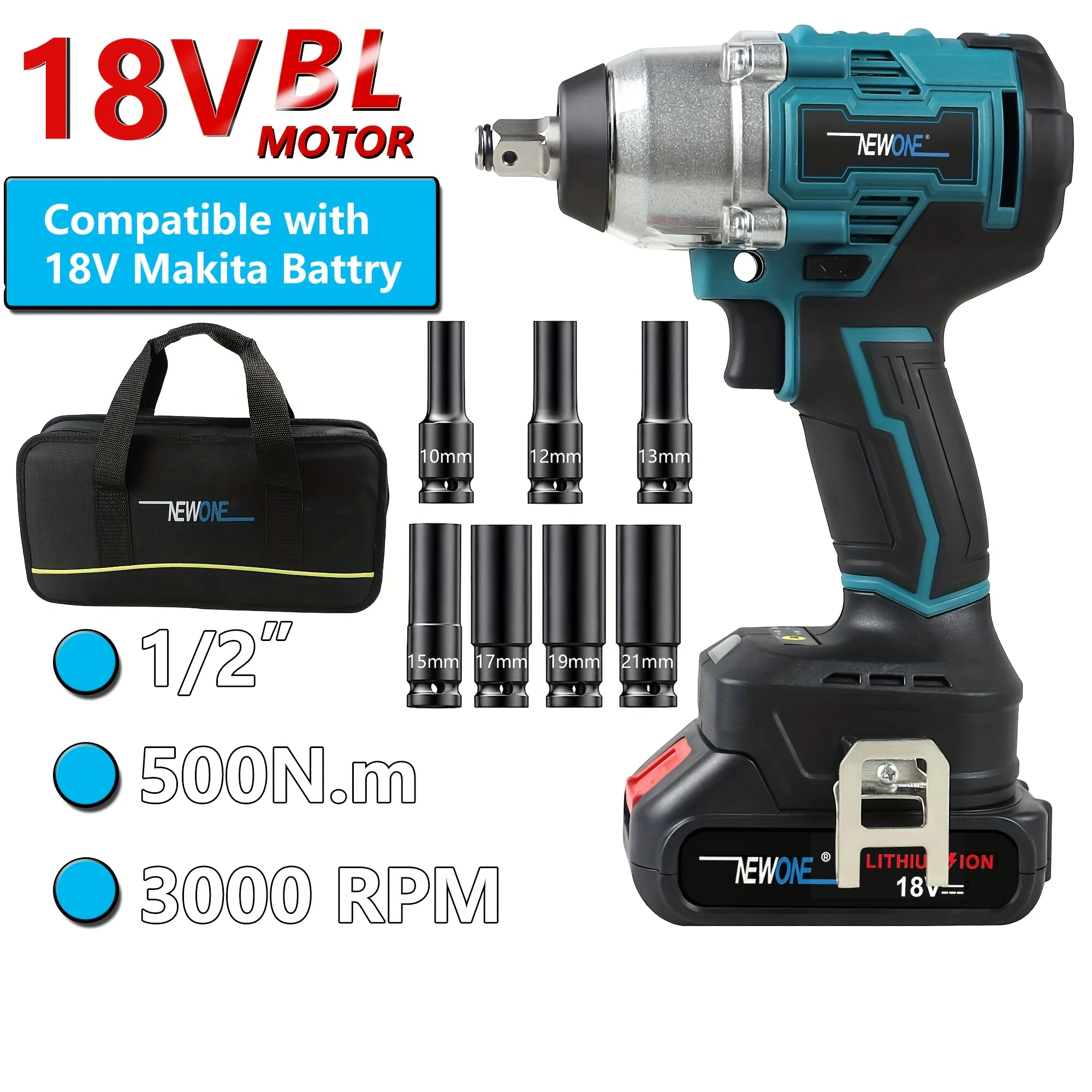 

18V Brushless Cordless Impact Wrench 1/2 “, Impact Wrench Kit W/Premium Brake Stop, 7 Sockets, 1/2 Impact Wrench, High Torque