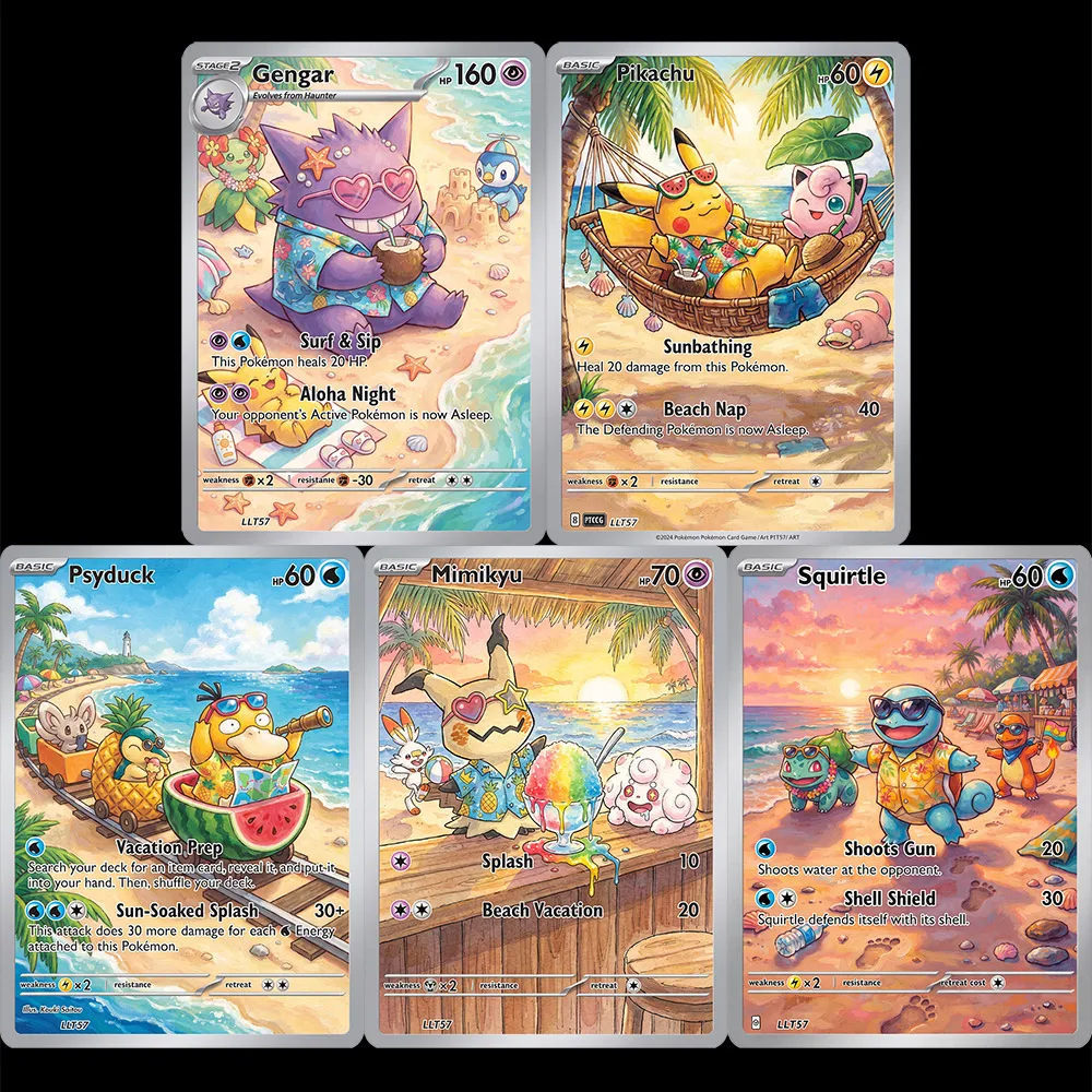 5Pcs PKM Cards PTCG Post Genagr Psyduck Squirtle Mimikyu Collection Cards Game Collection Card Toys Hobbies For Kid Present