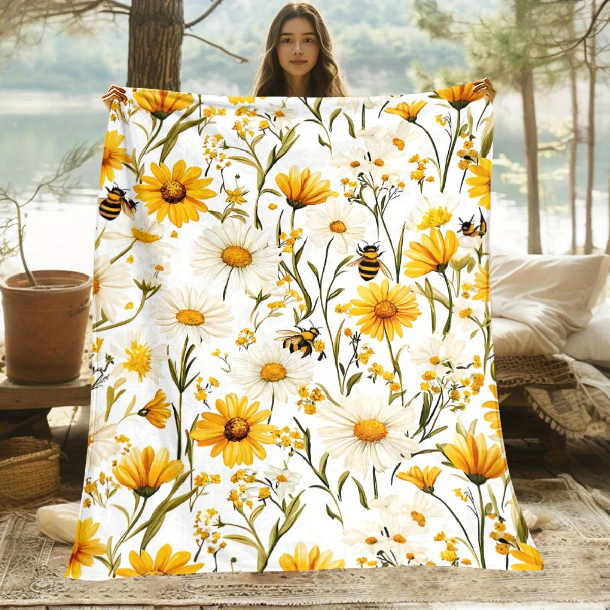 Ultra Soft Floral Daisy Sunflower Bee Print Throw Blanket Picnic Lap Throw Cozy Summer Decorative Cottagecore Home Decor Gift