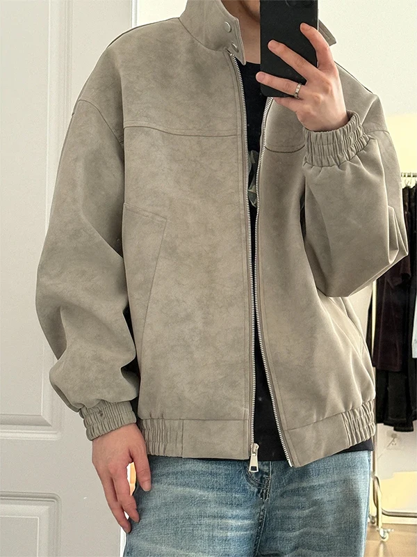 

Vintage ey Dyed PU Leather Jaet ort Sle Baseball irt Stand Collar Men's Women's Autumn American Retro Jaet