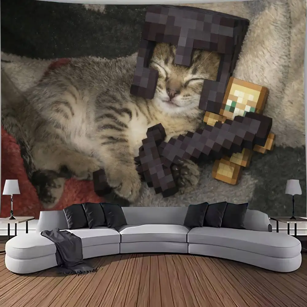 Funny Meme Cat Tapestry, Sleepy Kitten With Pixel Armor Wall Hanging, Aesthetic Gaming Meme Wall Tapestry For Bedroom Decor