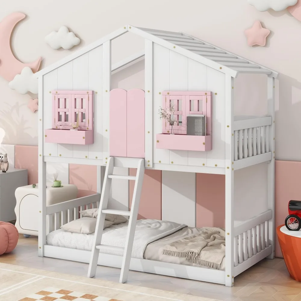 Litera para casa de suelo con techo y ventana, caja de almacenamiento integrada, barandillas de madera con puerta/escalera, cama tipo búnker baja doble sobre doble