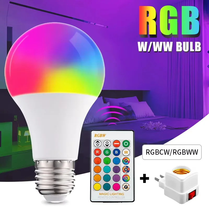 

Светодиодные лампы RGB с выключателем света 220 В RGBW E27 7 Вт/15 Вт/20 Вт с дистанционным управлением, красочные прожекторы для дома, гостиной, декоративная лампа