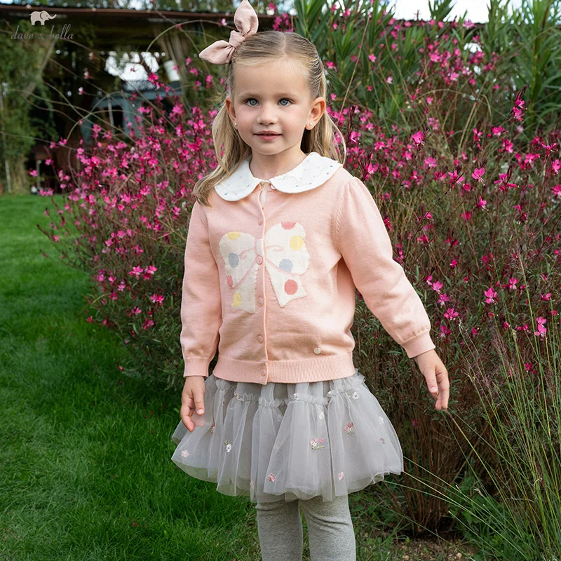 

Dave Bella Girls Baby Sweater Cardigan Coat Spring Sweet Cute Children's Cotton Knitted Shirt Bow Casual Tops Outdoor DB1250330