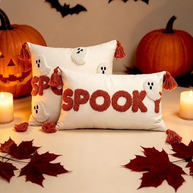 Halloween Tufted Pillow Covers 45x45cm 30x50cm - Witch Hat Spider Pumpkin  SPOOK Designs Polyester-Cotton with Invisible Zipper