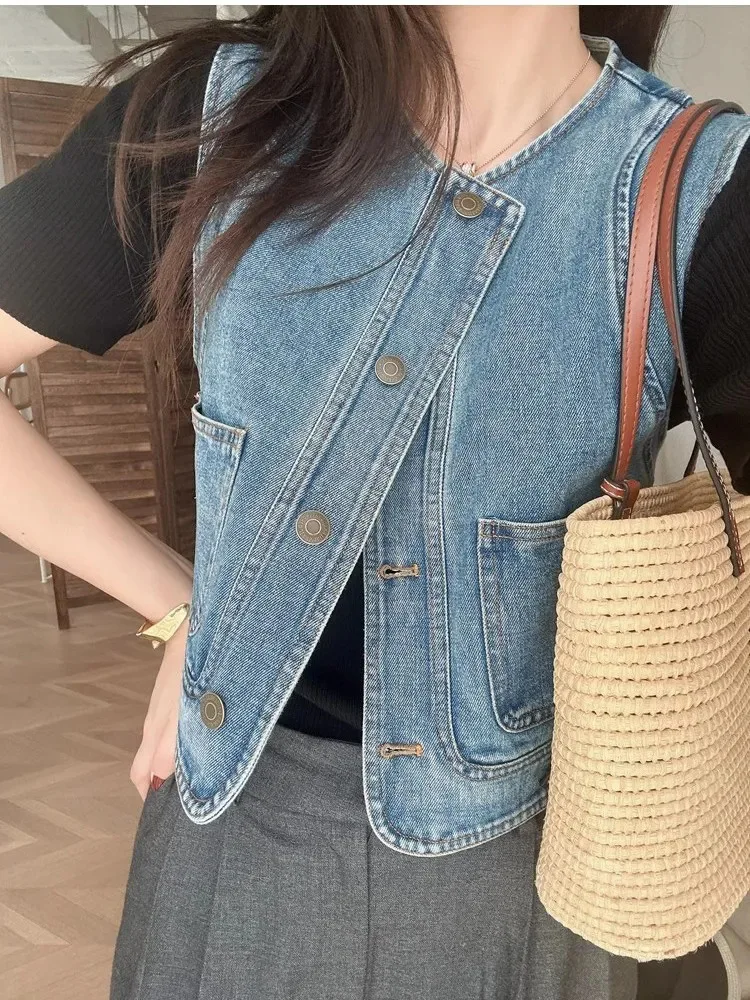 سترة جينز عصرية متعددة الاستخدامات للنساء لربيع وخريف نمط جديد فضفاض قصير بدون أكمام معطف غير رسمي سترة واحدة الصدر #2