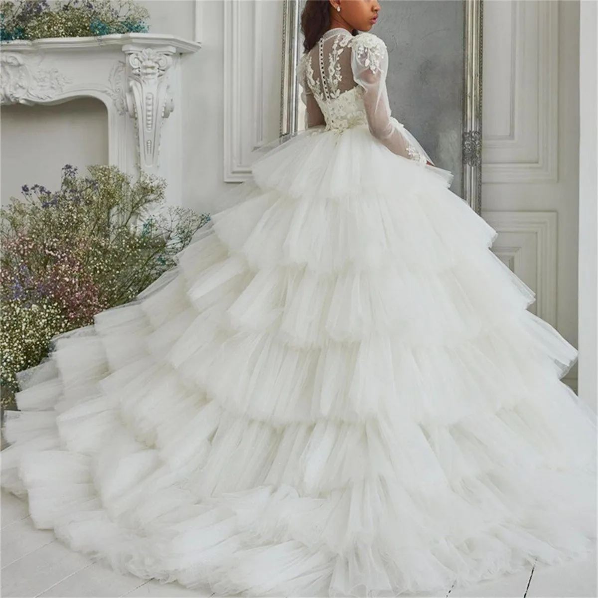 Robe de demoiselle d\'honneur en tulle pelucheux blanc avec nœud en dentelle, robe de mariage élégante, robe de soirée de communion d\'anniversaire