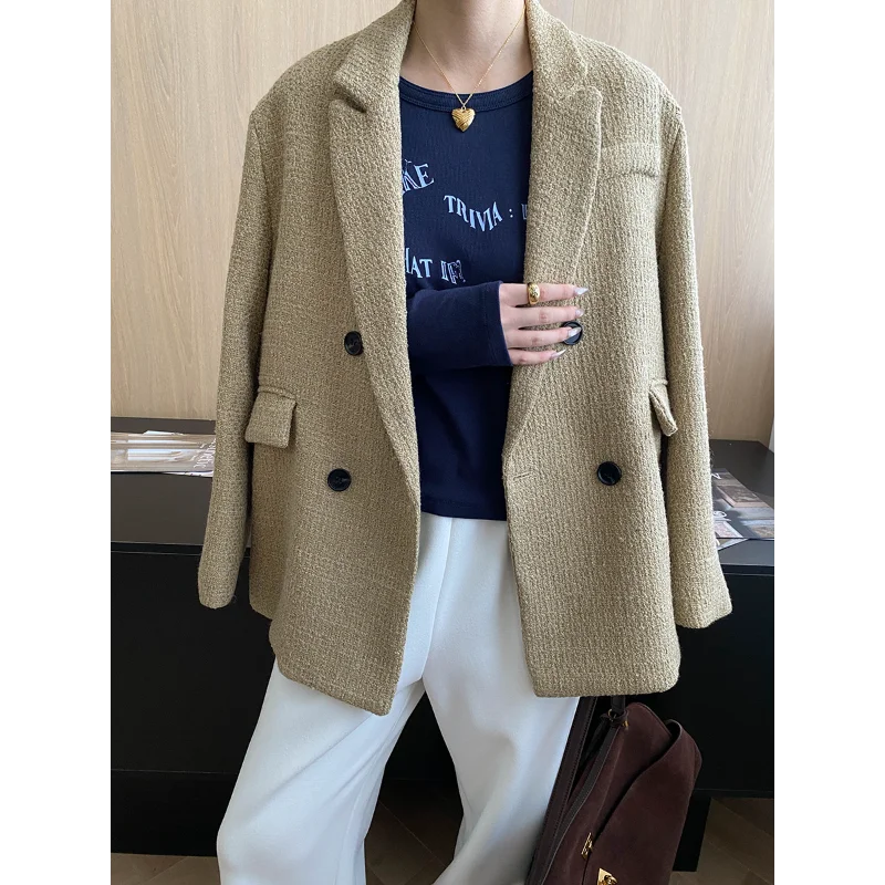 高品質ヴィンテージツイードレジャースーツコート女性の秋と冬のファッションルーズカーキベーシックオフィスレディフレンチコート