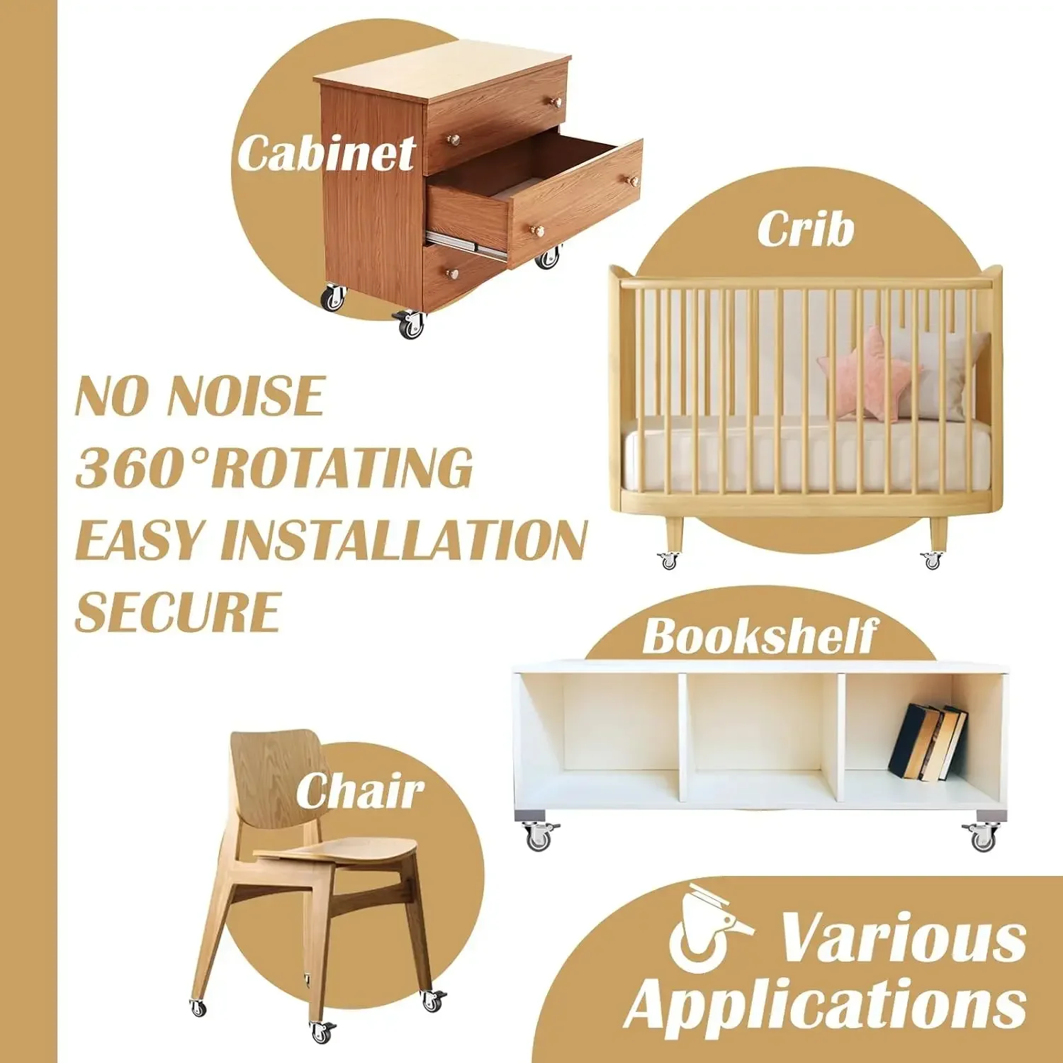 عجلات عجلات 2 بوصة، مجموعة عجلات أثاث شديدة التحمل مكونة من 4 قطع، عجلات مطاطية بدون ضوضاء، مصممة للمكتب، وحامل التلفزيون، وطاولة القهوة #5