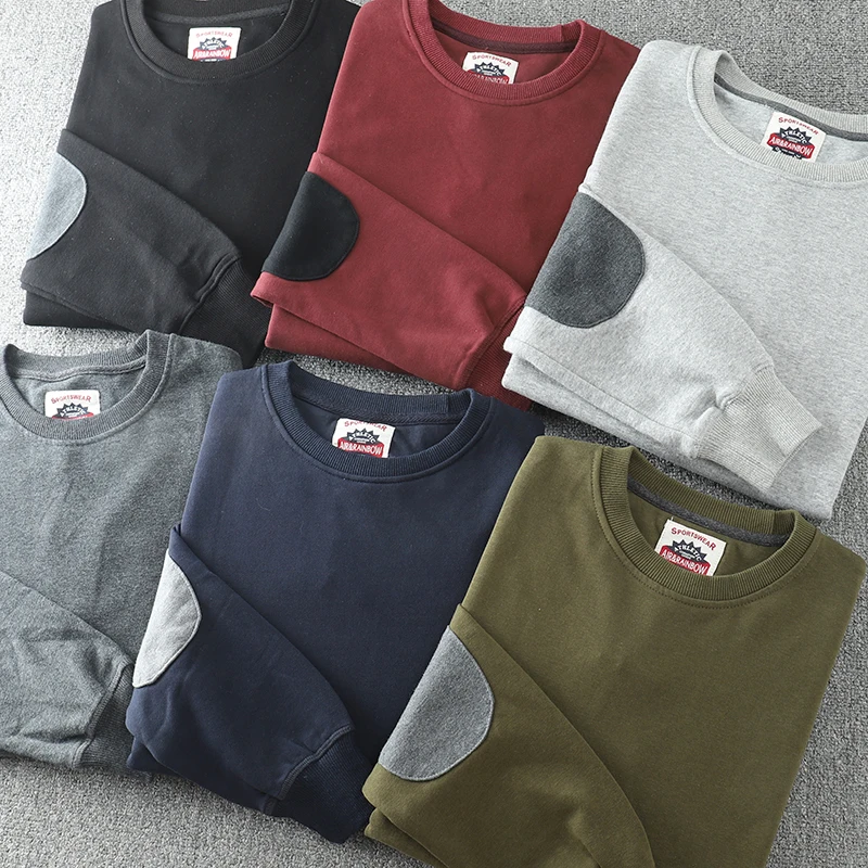 Spring Autumn New American Retro Elbow Patch Solid Color Sweatshirts Men's Simple Long Sleeved Pullover Casual Loose Sportwear