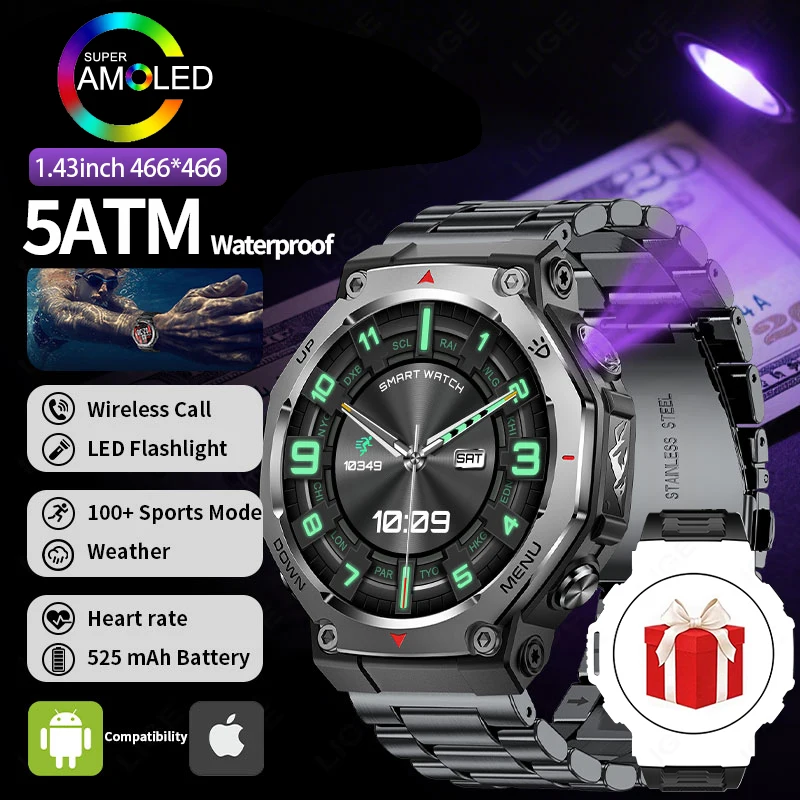 

LIGE Новые мужские умные часы 5ATM Водонепроницаемые 1,43-дюймовый AMOLED HD-экран BT Фонарик для вызова Военные спортивные умные часы для мужчин