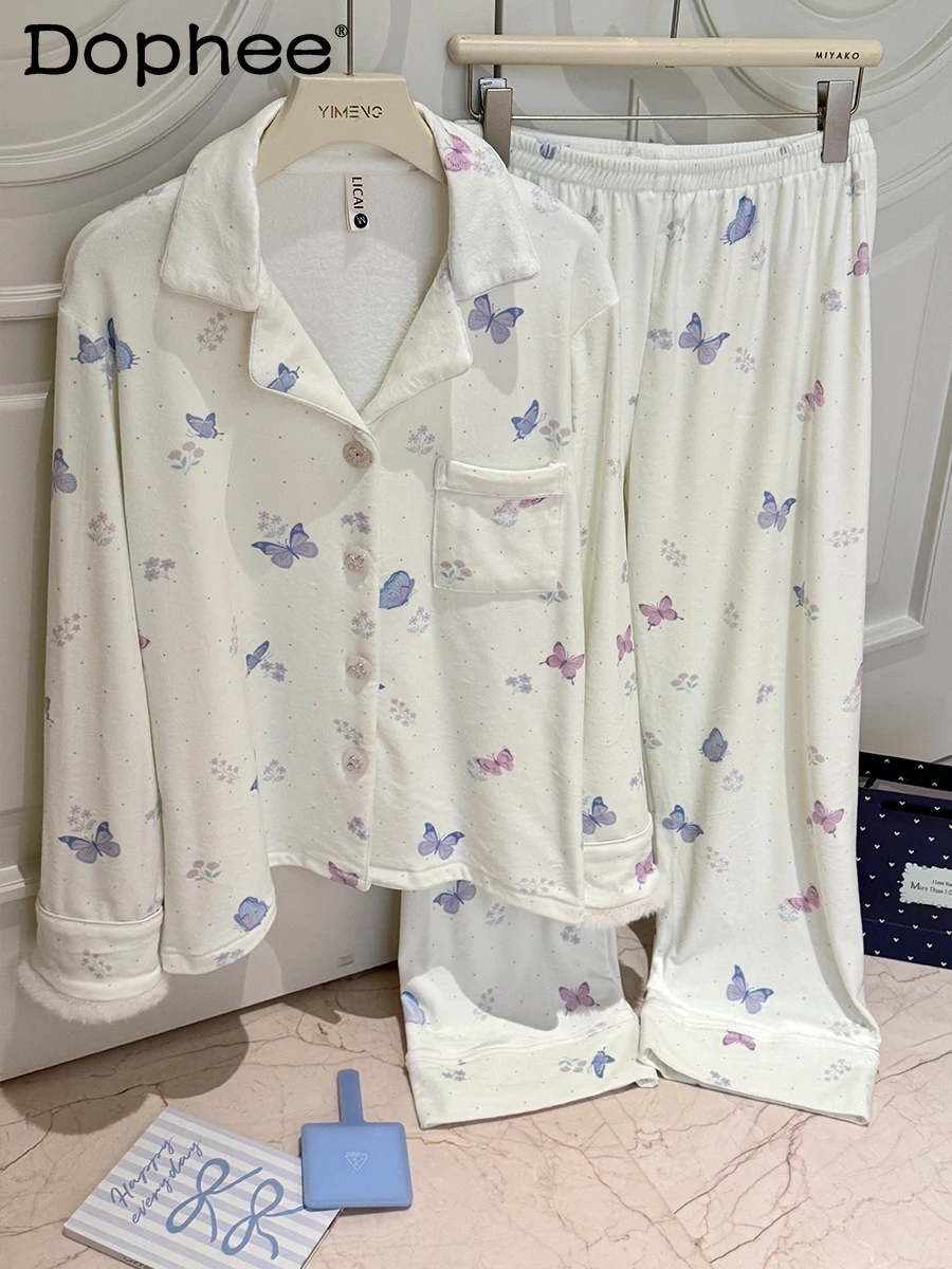 

Двусторонняя флисовая пижама для женщин, новинка 2025, осень-зима, тонкий флисовый утепленный теплый комплект, элитная домашняя одежда с принтом бабочки