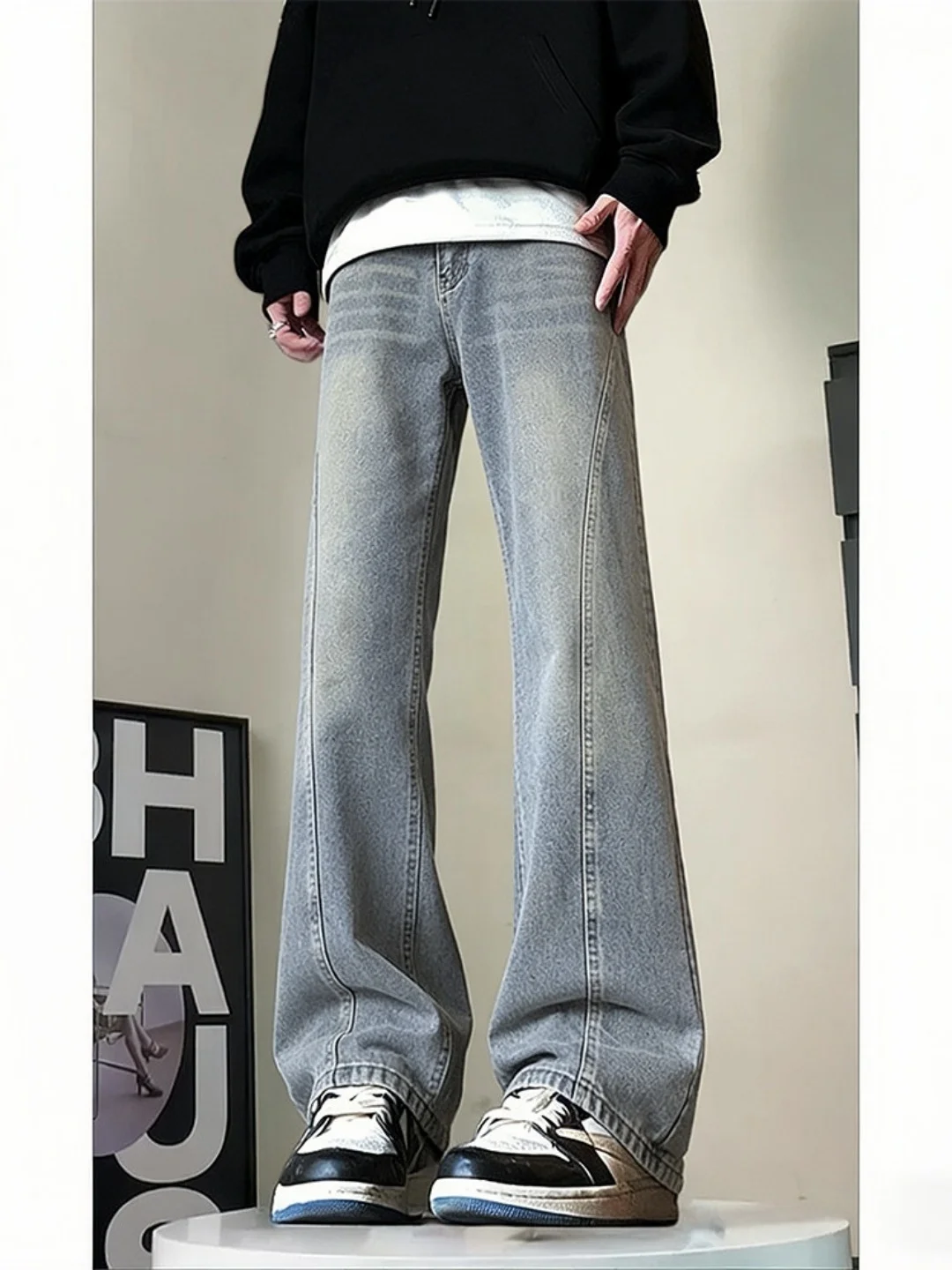 

American High Street Slant Cut Slim Fit Jeans Men's Spring Autumn Handsome Retro Cleanfit Pants Straight Leg Jeans