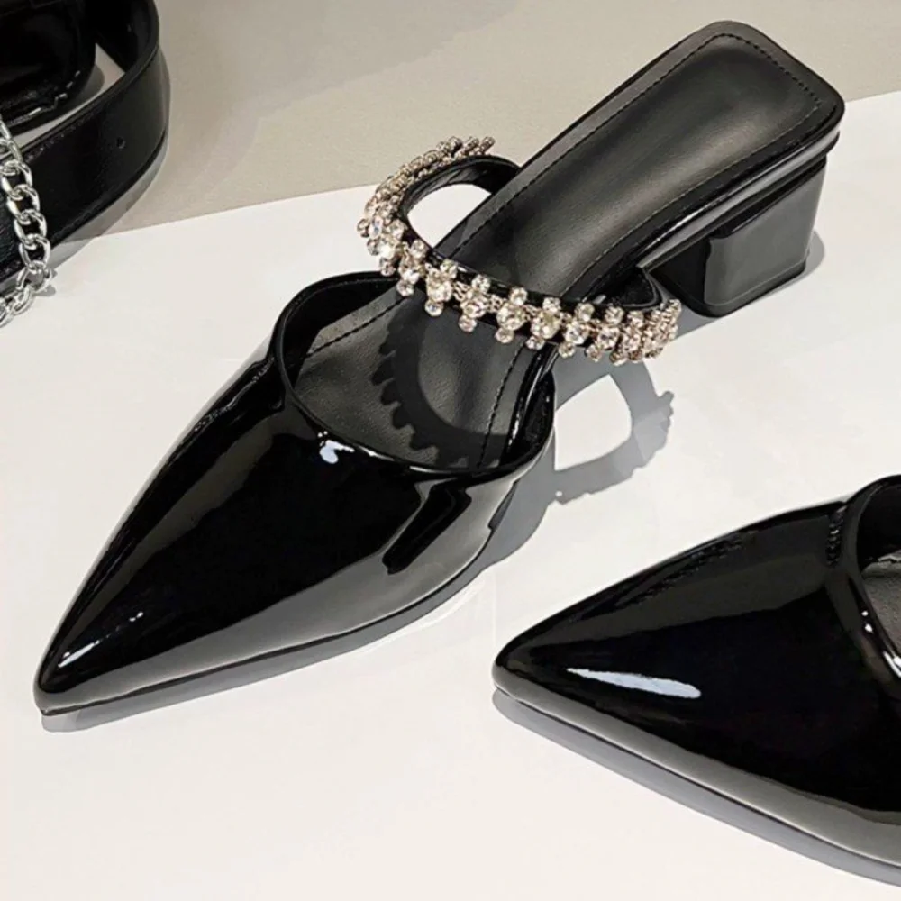 Rhinestone Ring Patent Leather Mule Sandals, Women's Pointed Toe Block Heel Slip On Slides for Party Casual Wear
