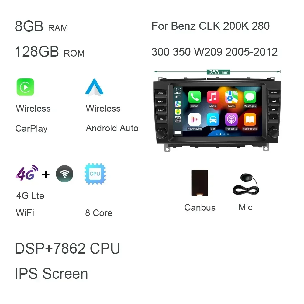 720P Carplay 8 "Android 14.0 8G + 256G Auto Dvd-speler Autoradio GPS navigatie Voor Benz CLK 200K 280 300 350 W209 2005-2012 Radio