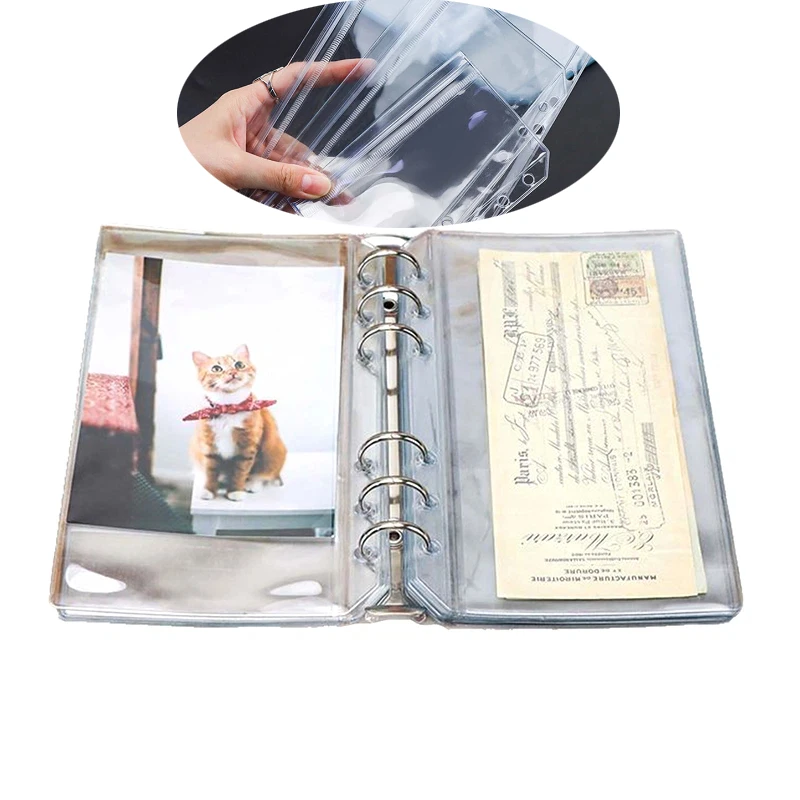 

New 6PCS A5/A6/A7 Transparent 6Holes Double-sided Binder Pockets Zipper Folders And Side Open Folders Waterproof PVC Inner Page