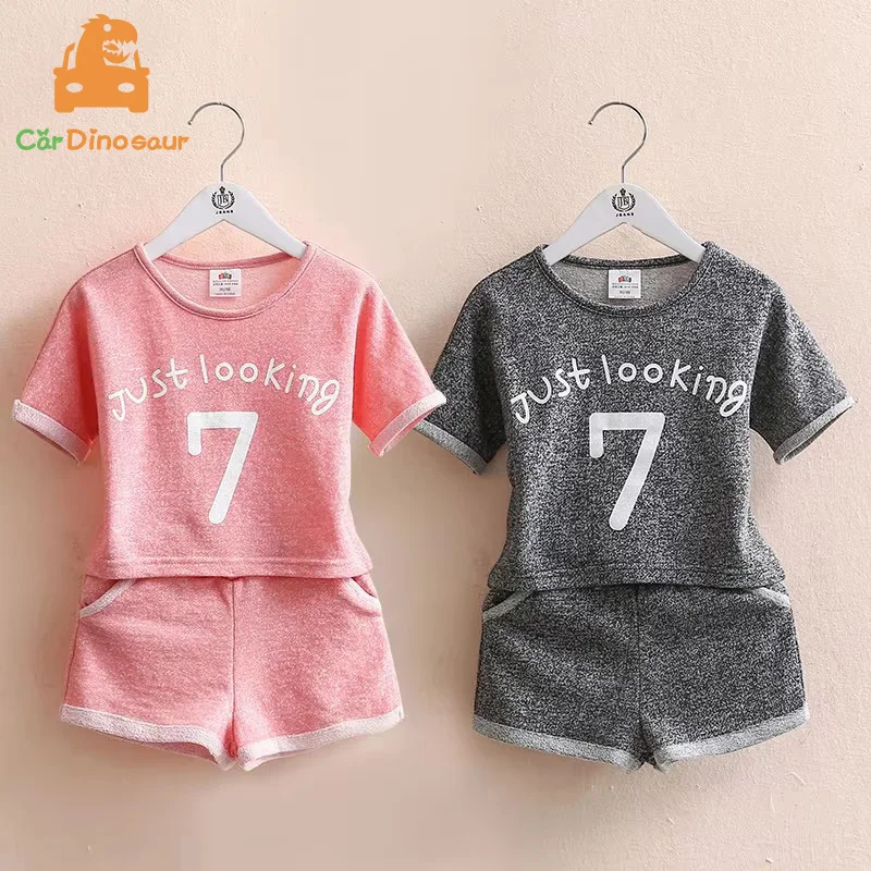 2025 Summer New 2 3 4 5 6 8 10 Years Baby Clothing Number Letter Print Short Sleeve T-Shirt+Shorts Kids Girl Sports 2 Pieces Set