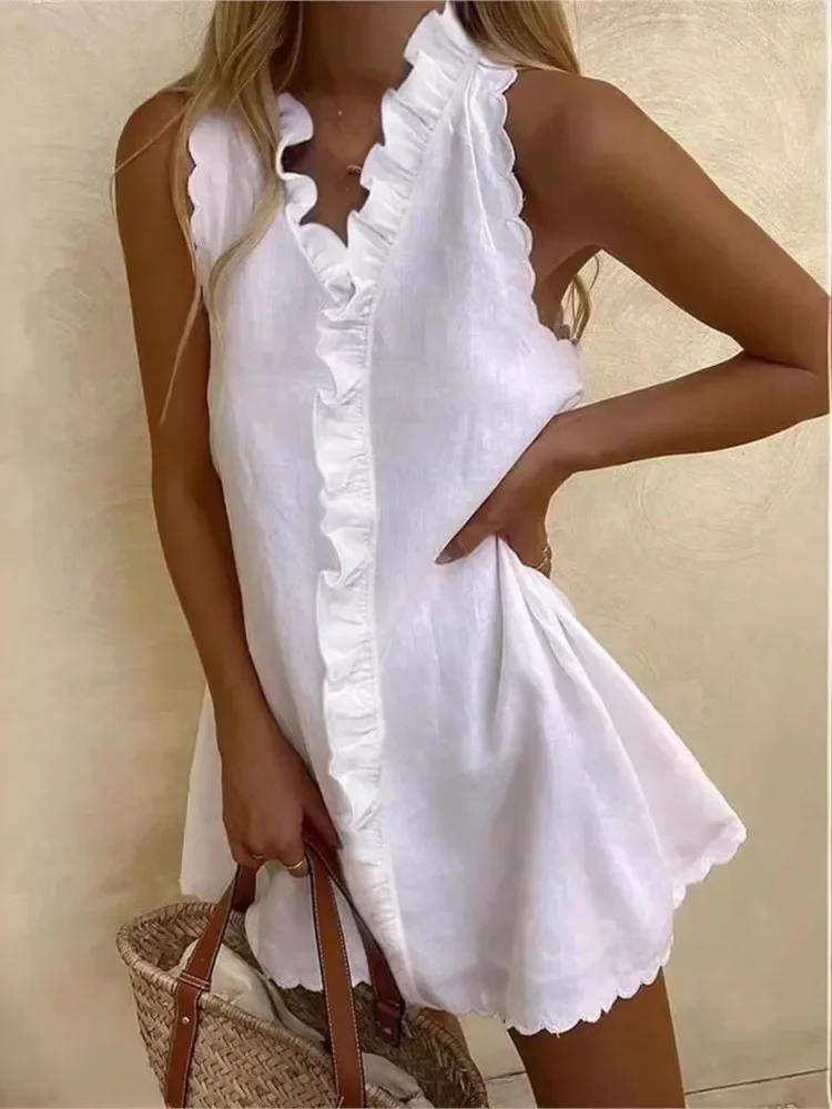Summer New Women Casual Cotton Linen White Dress V Neck Ruffles Sleeveless Elegant Boho Beach Party Dresses Female Vestidos