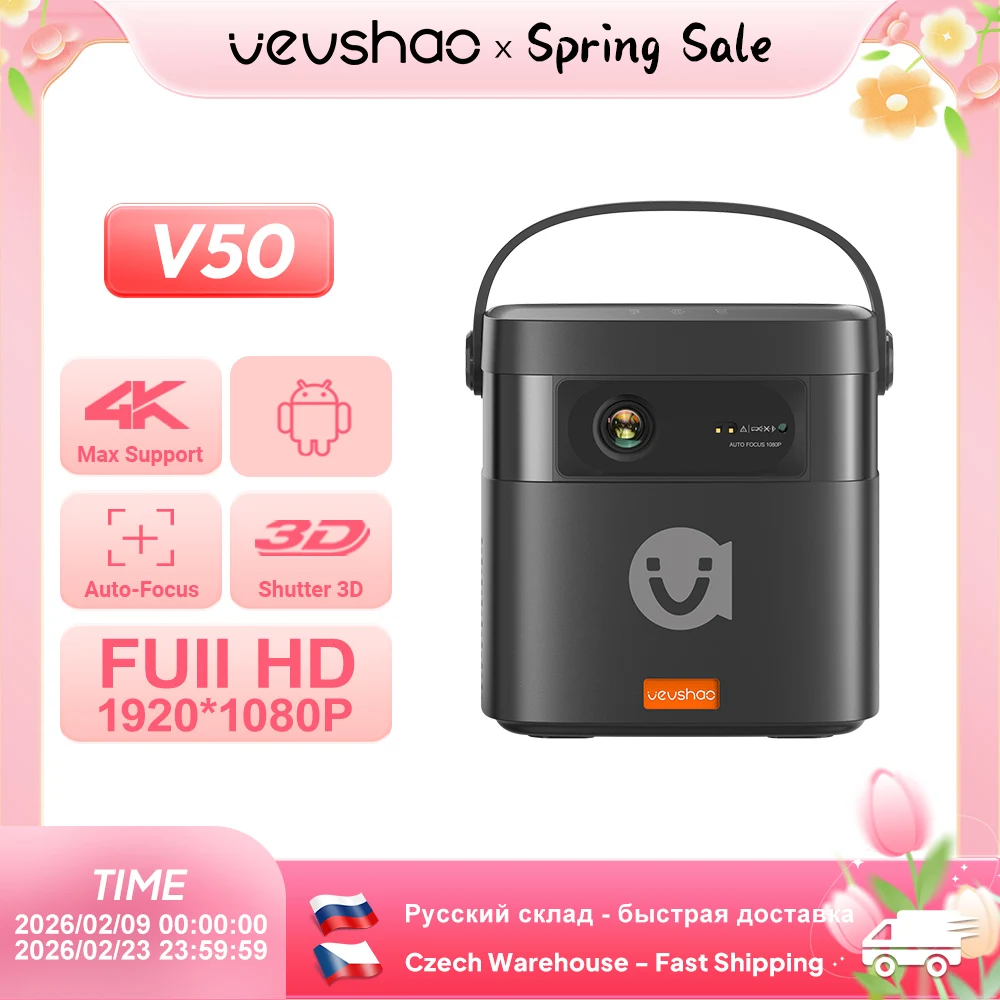 

VEVSHAO V50 Portable Projector 4K 3D WiFi Full HD1080P Built-in 2 x 10W Speakers Home Theater Projectors With15000mAh Battery