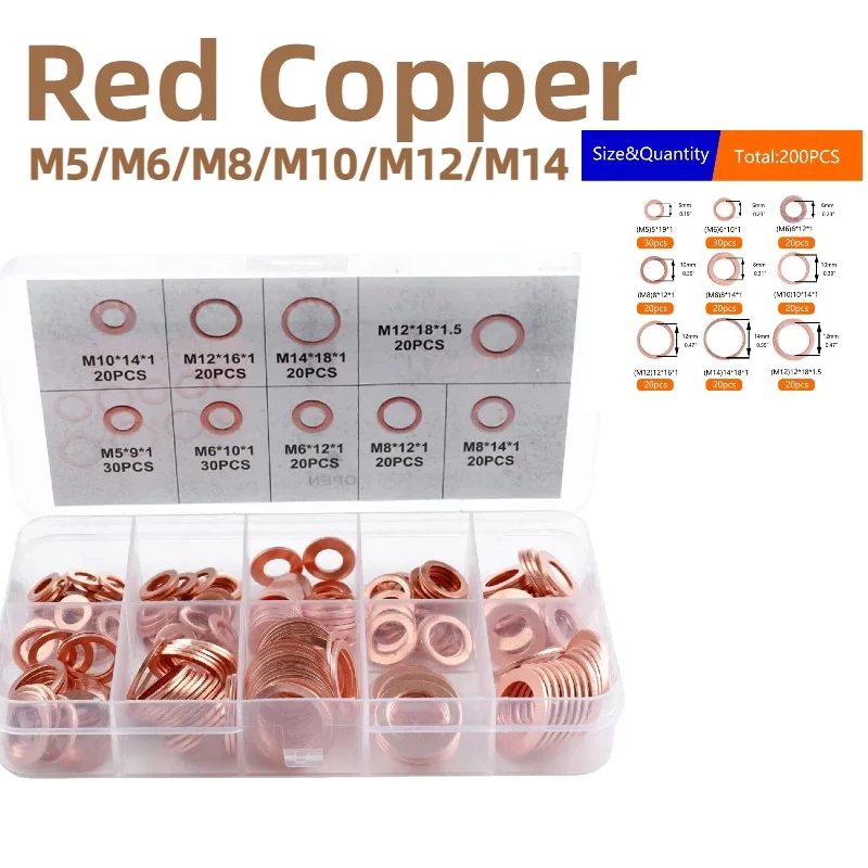 

200 шт., набор прокладок с красной медной шайбой, гаек и болтов, комплект плоских кольцевых уплотнений с коробкой M5/M6/M8/M10/M12/M14 для заглушек поддона