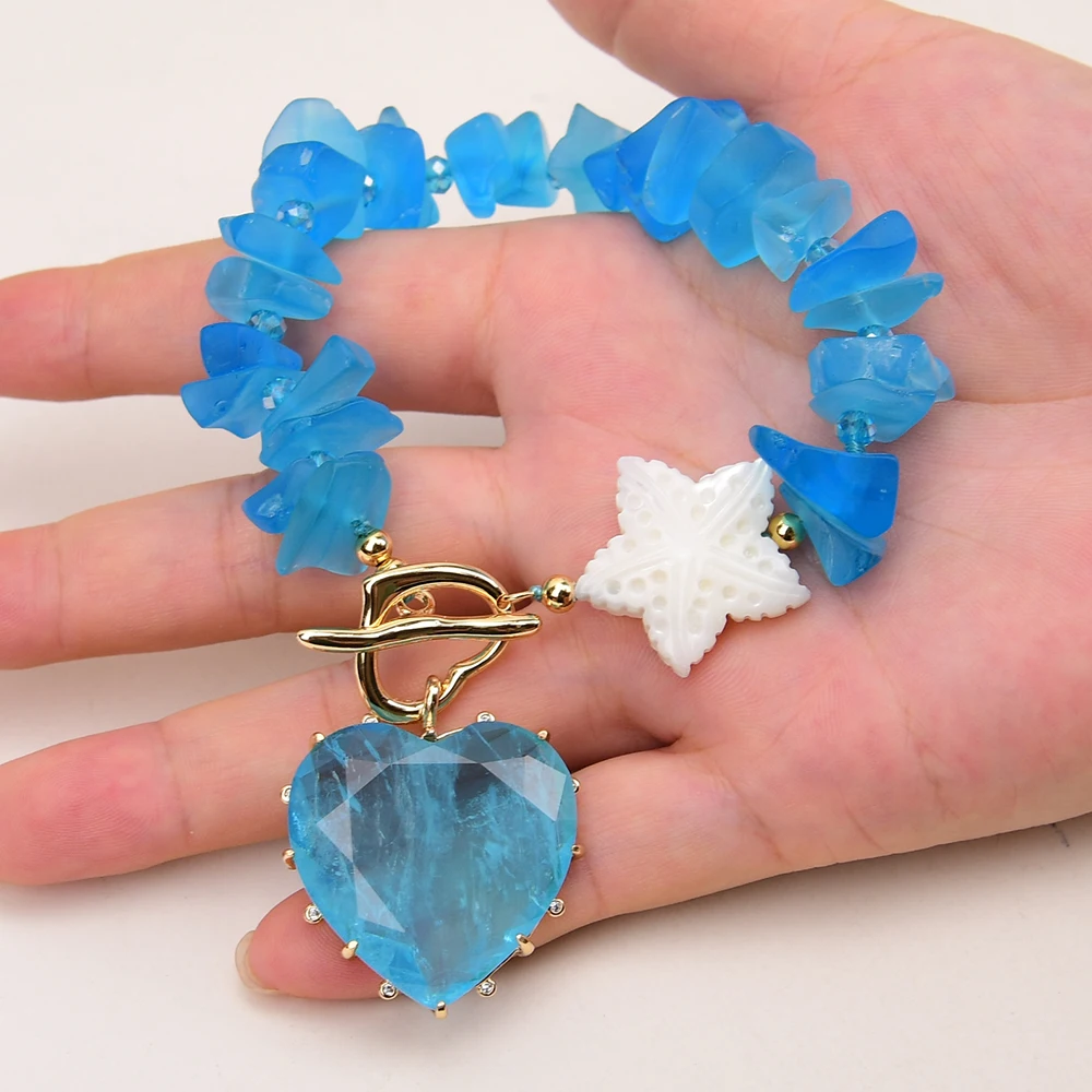 G-G 8'' Natural Blue Glass White Carved Starfish Sea Shell Pearl Gold Plated Quartz Heart Pendant Bracelet Lady Summer Jewelry