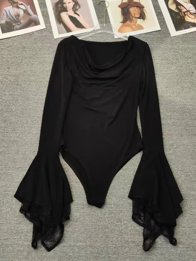 Designer Bell Sleeves Spliced ​​Lace Pile Collar Knitted Jumpsuit 2026 Autumn Women's Clothing Fashion Versatile Sexy Tights