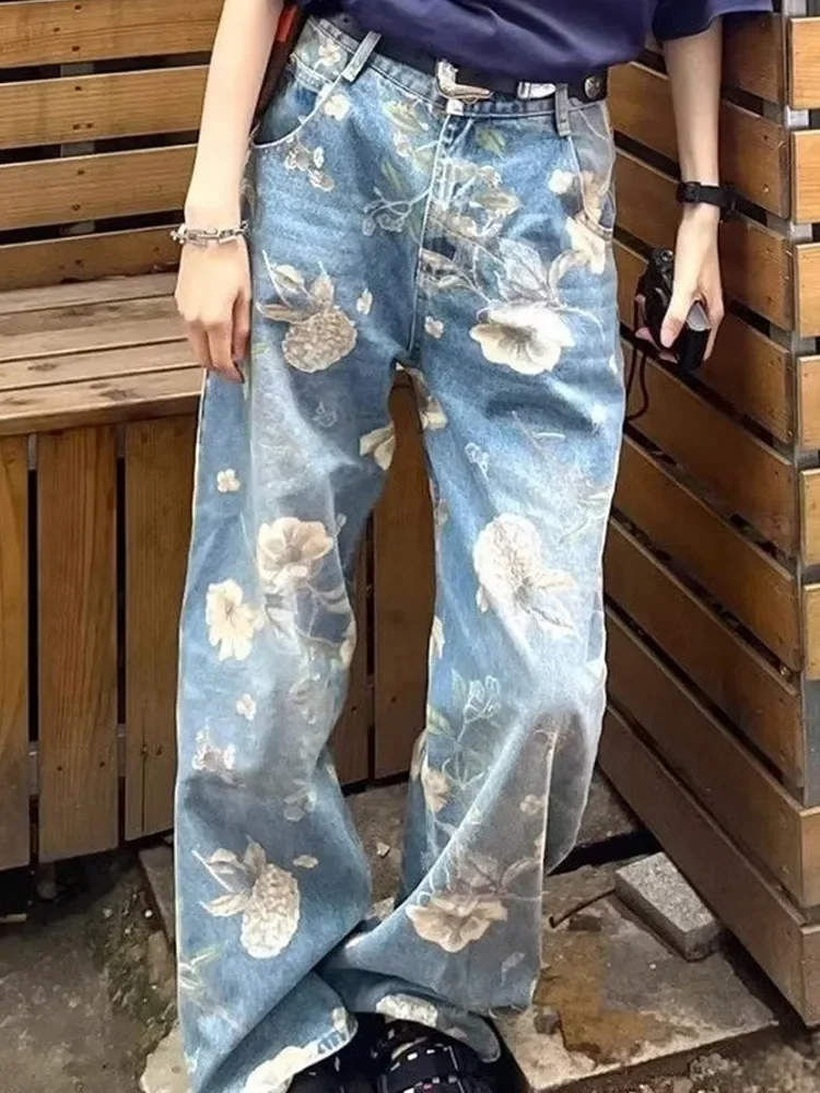 Retro Floral Printed Wide Leg Jean Men's Fashion Button High Waist Straight Denim Pants 2024 Street Casual Floor Length Trousers