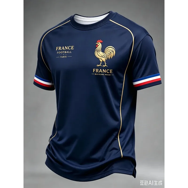 Men's France Rooster Football Jersey, Golden Gallic Rooster 3D Print Soccer T-Sh Breathable Quick Dry Sports